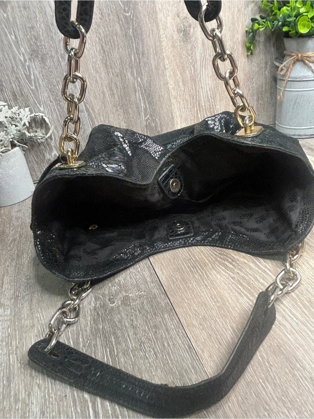Michael Kors Black Python Embossed Leather Hobo Shoulder Bag Gold Chain